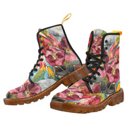 Women’s lace-up combat boots with upside down amaryllis floral design, nylon canvas, translucent rubber sole, and cushioned insole for comfort