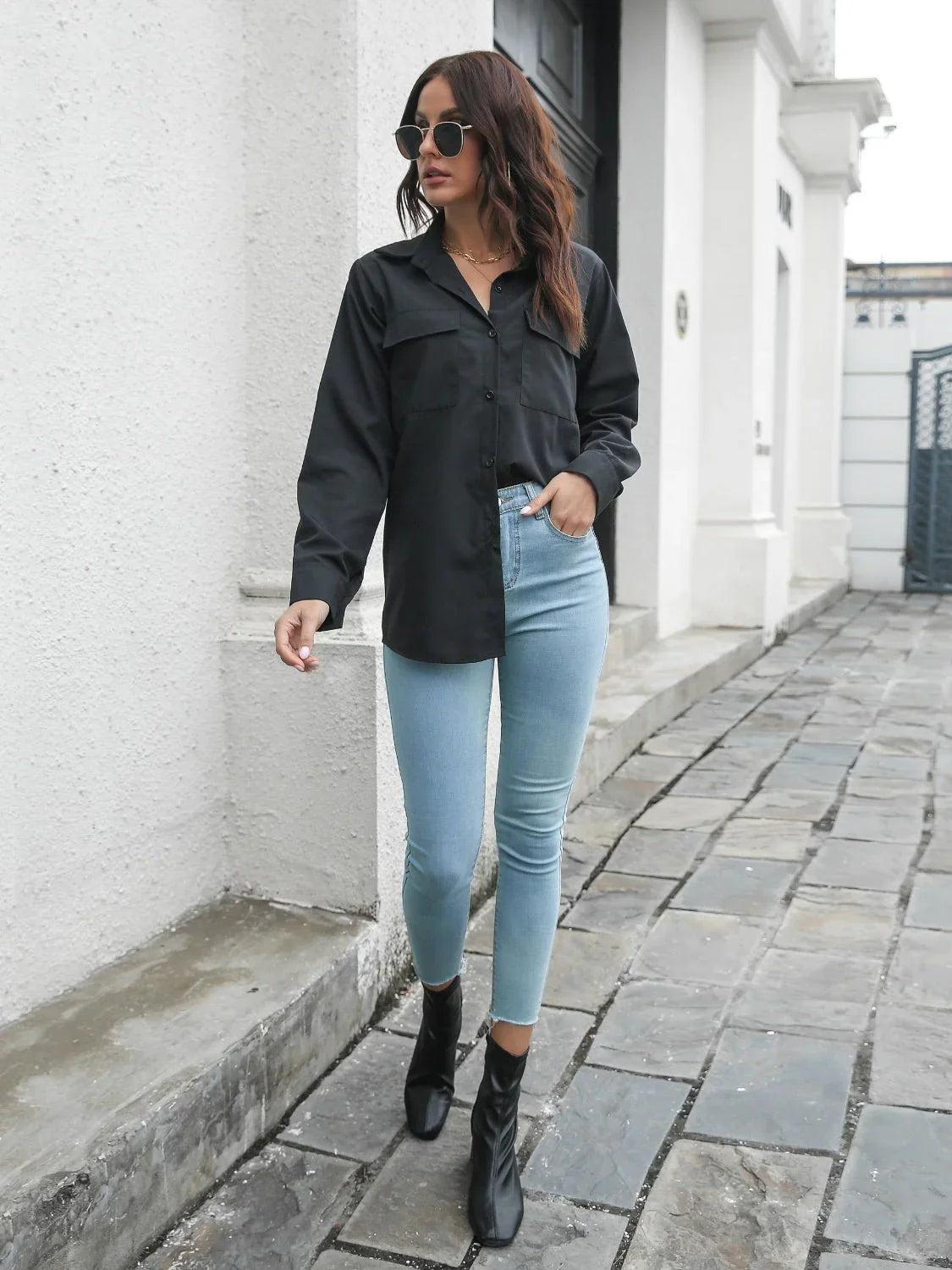 Collared Neck Buttoned Shirt with Pockets - Lana Art Sweden