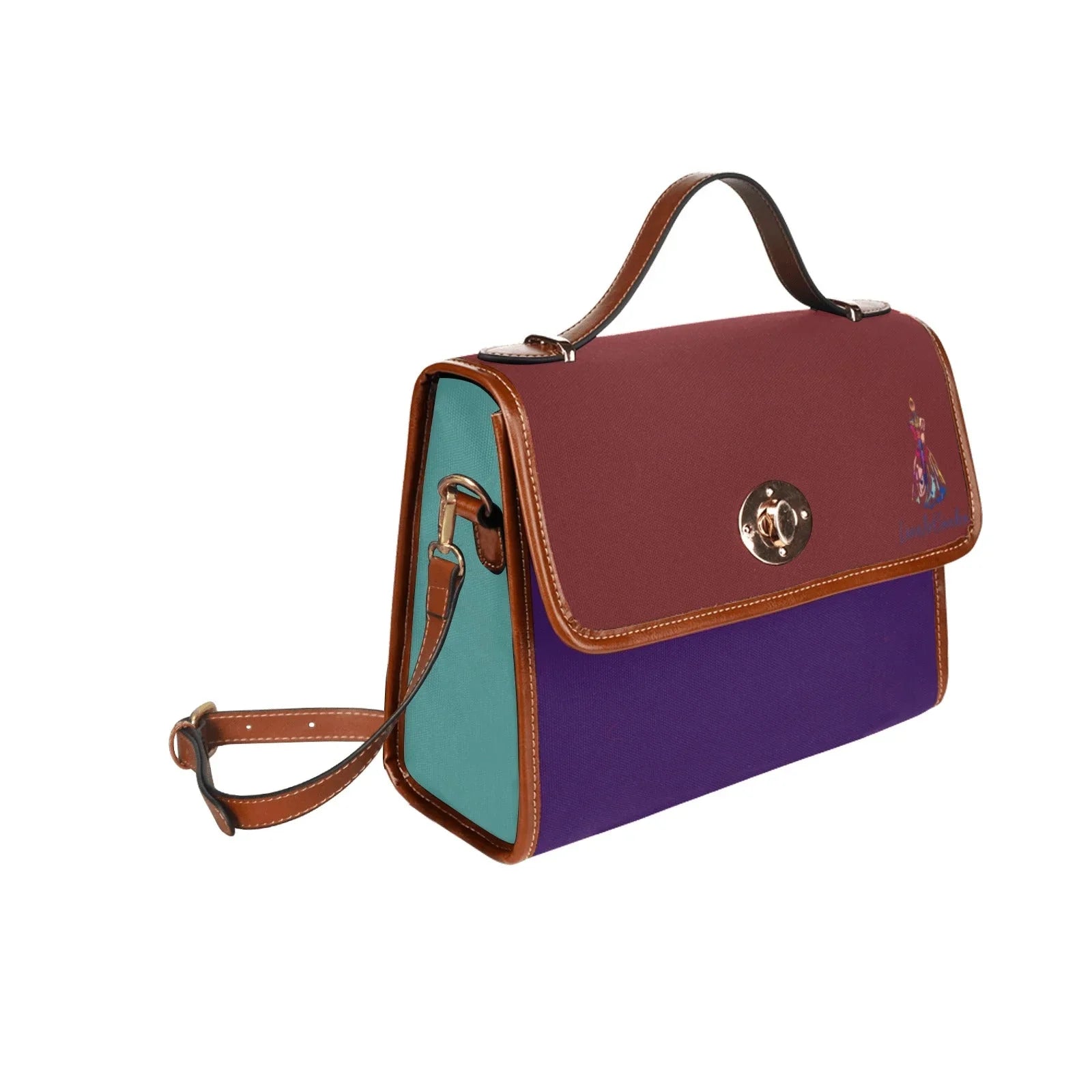 Color blocks Burgundy Teal Waterproof Shoulder Strap Canvas Bag - Lana Art Sweden
