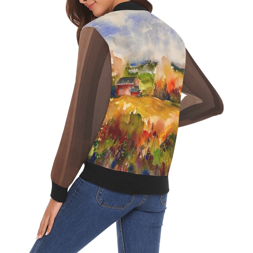 Countryside Brown All Over Print Bomber Jacket for Women - Lana Art Sweden