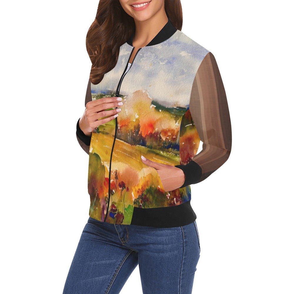 Countryside Brown All Over Print Bomber Jacket for Women - Lana Art Sweden