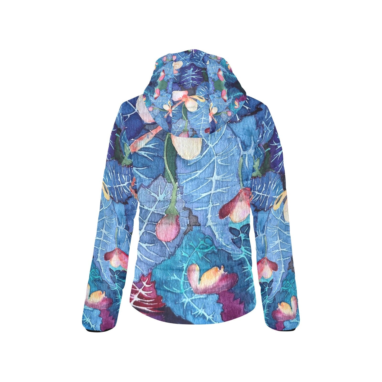 Cyclamen in Blue Women's Padded Hooded Puffer Jacket - Lana Art Sweden