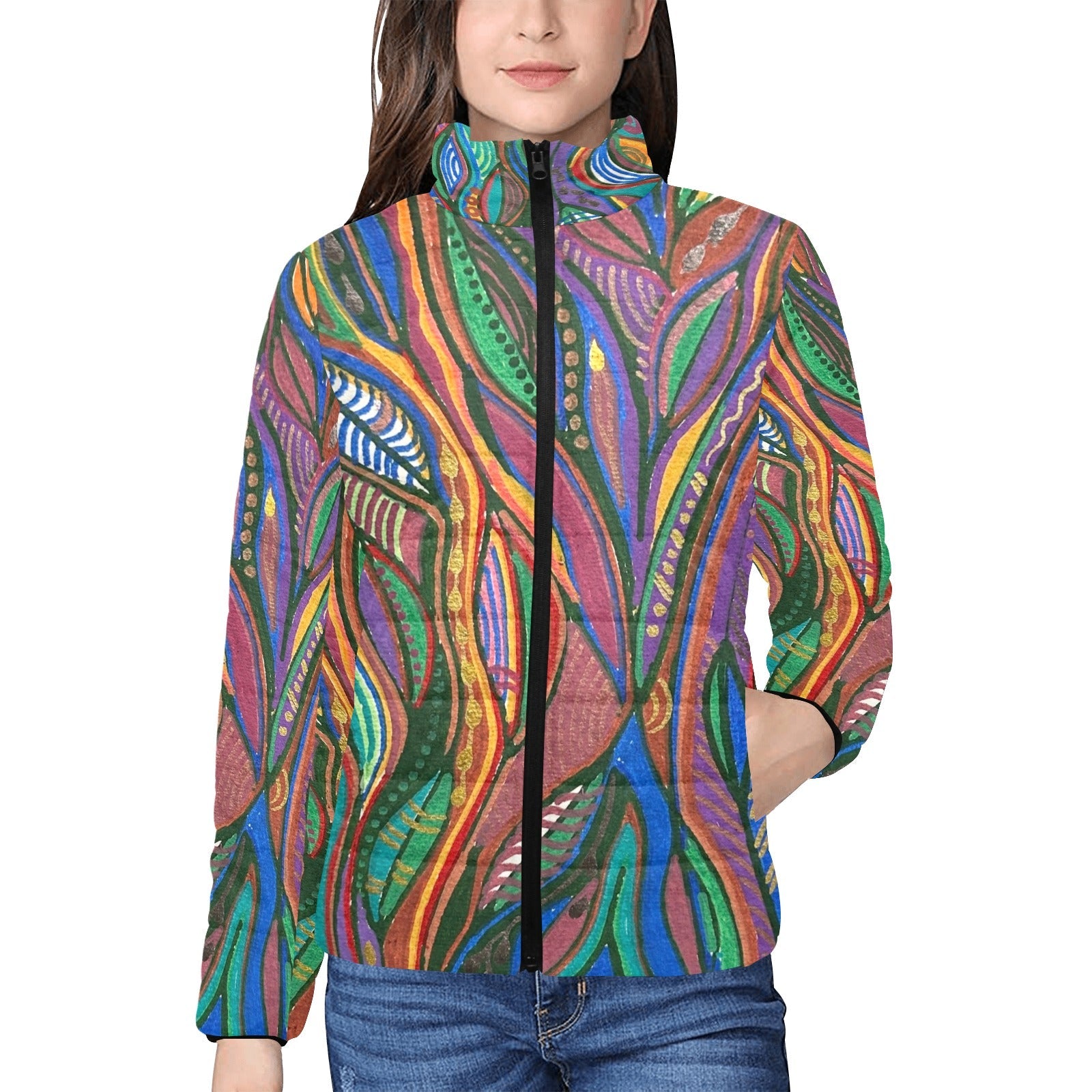 colorful Lanterna Women's padded jacket with stand collar and artistic abstract pattern