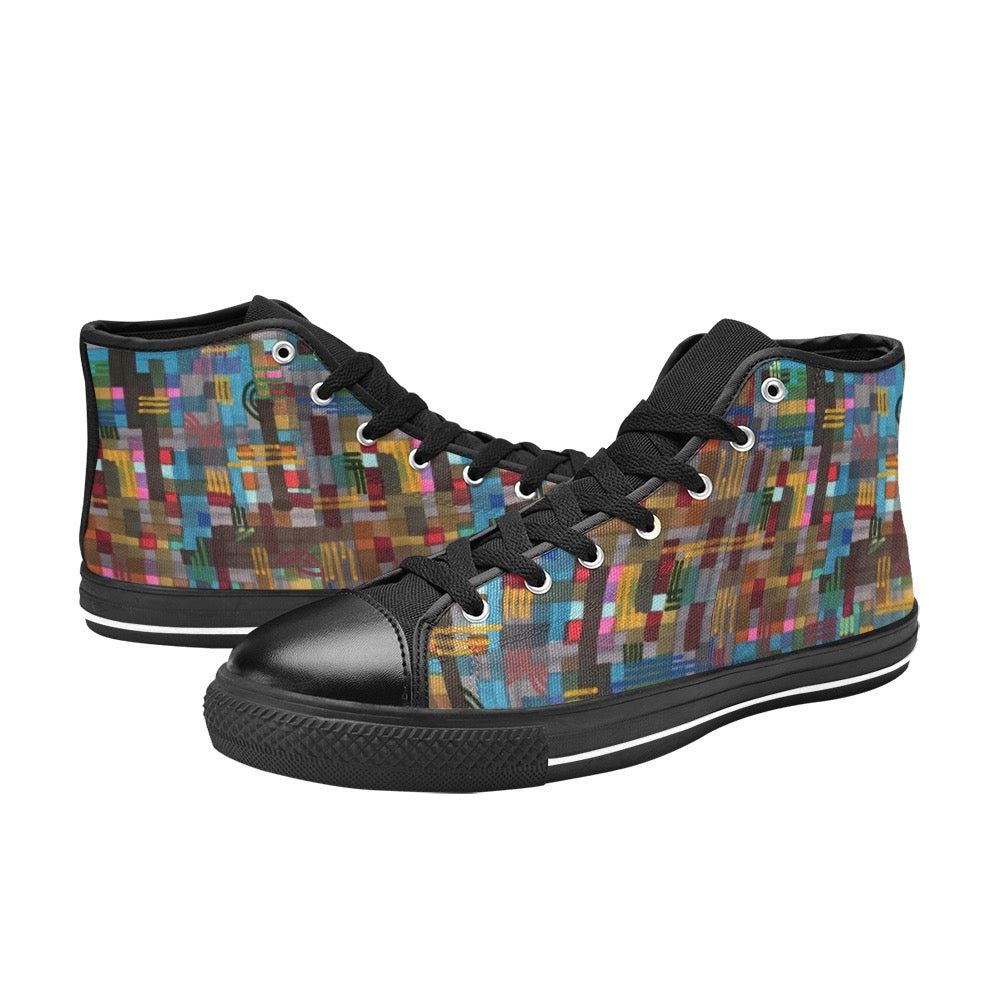 Fall Checkers Black High Top Canvas Shoes for Kids featuring a checkered design, lace-up closure, and durable rubber outsole.