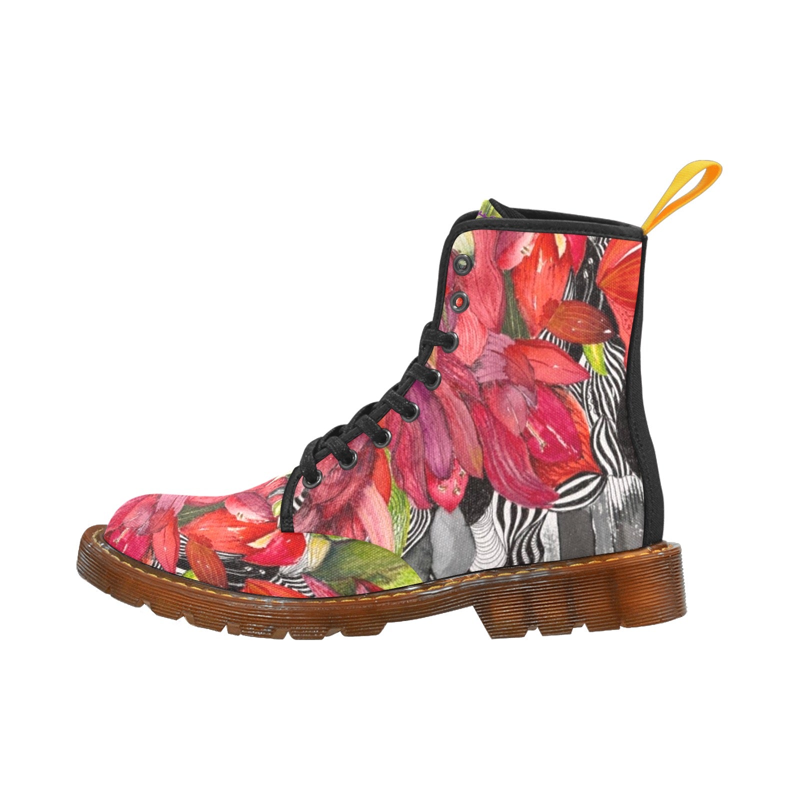 Amarillis Black Custom Canvas Boots for Women by LanaArt Sweden, featuring a breathable nylon canvas upper, floral combat design, and translucent rubber sole.