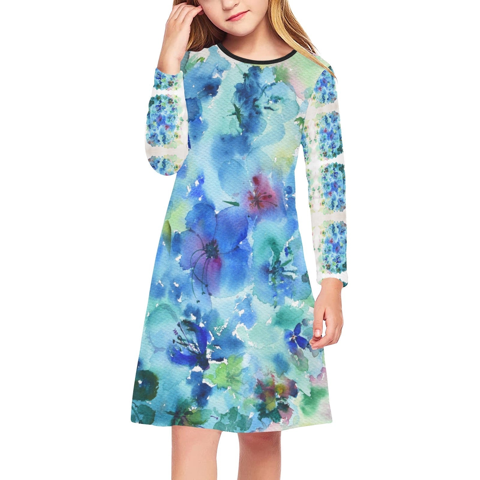 I Love Blue Flowers Girl's Long-Sleeve Dress with vibrant blue floral print, round neckline, stretchy polyester-spandex fabric, and midi length for comfortable everyday wear.