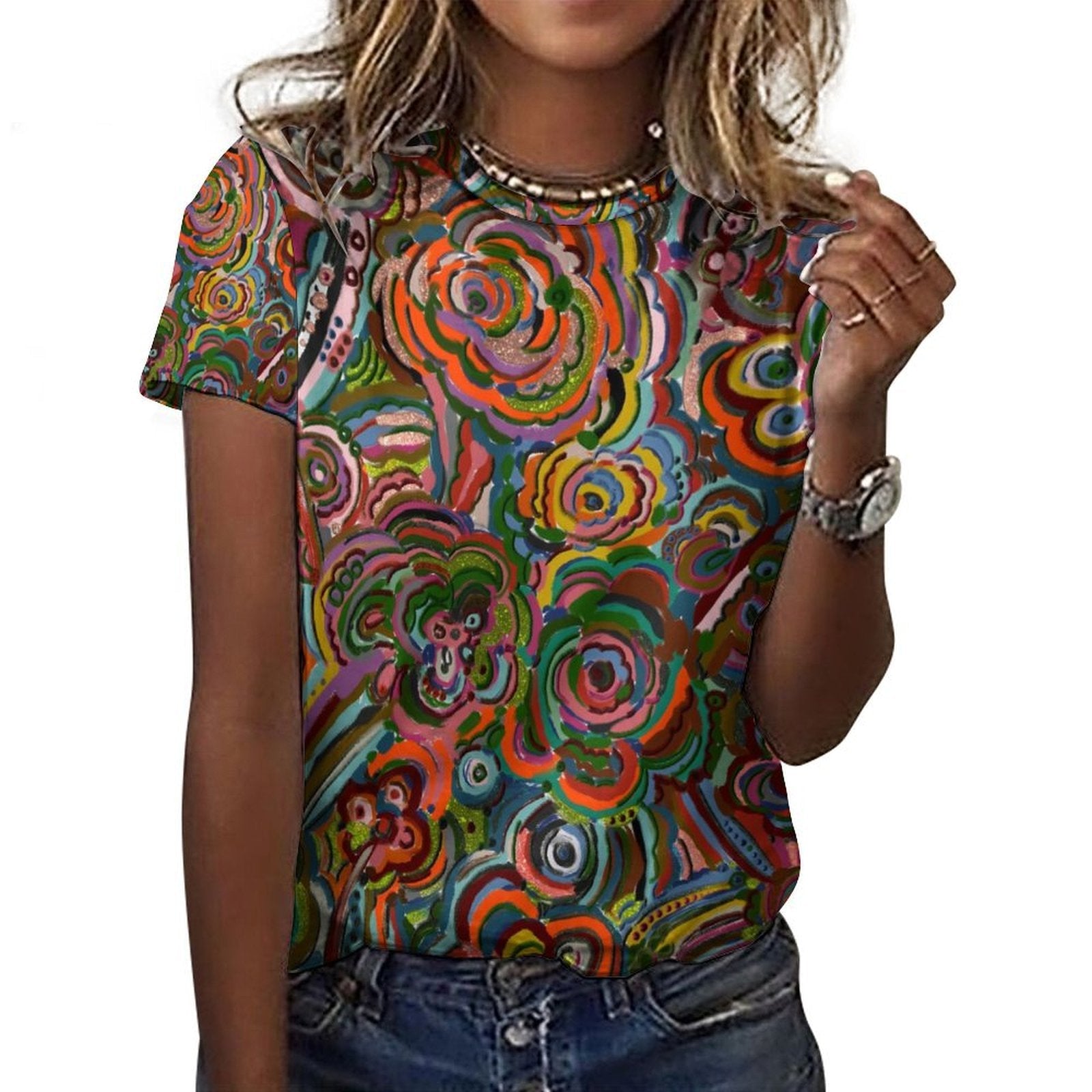 Fall Fiesta Women's Cotton T-shirt with colorful abstract floral design, breathable and soft fabric, perfect for fall layering.