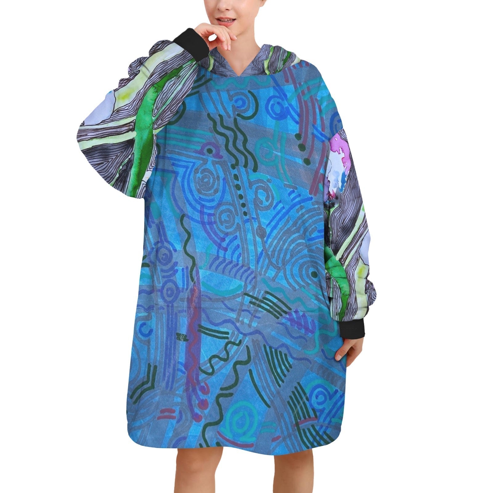 Blue Ice with Lined Tulips Blanket Hoodie for women featuring artistic tulip design and vibrant blue patterns