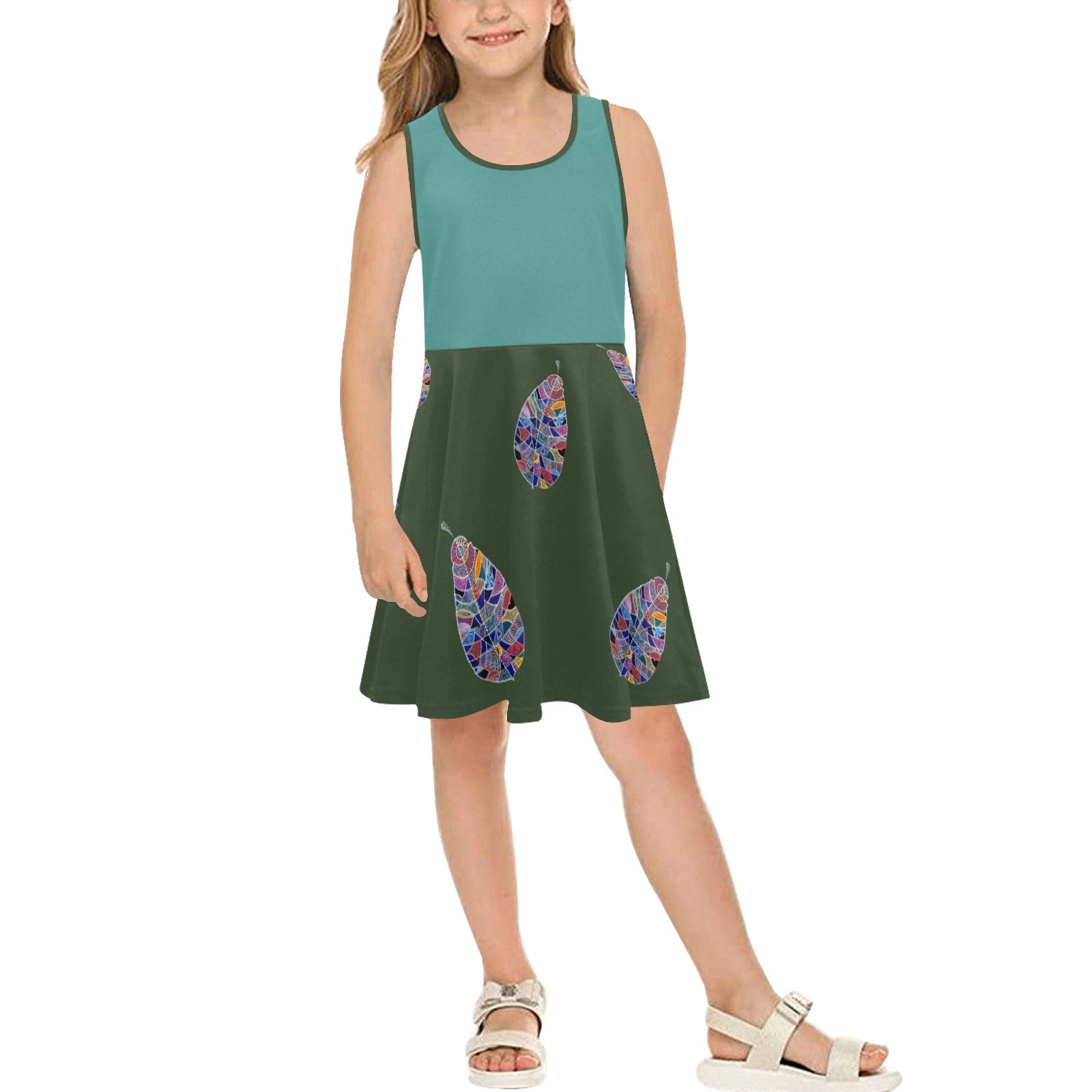 Fantasy Leaf Teal Green Girls' Sleeveless Sundress
