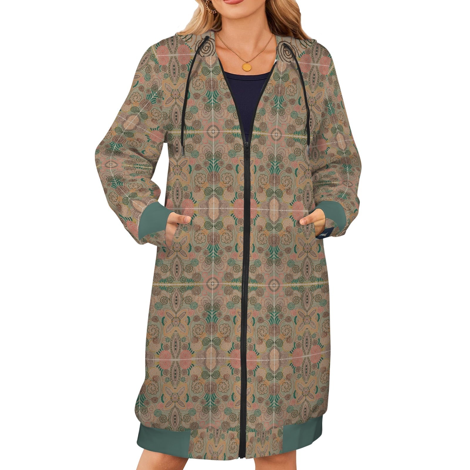 Women's long hooded coat with artistic floral pattern and zip-up front in earthy tones