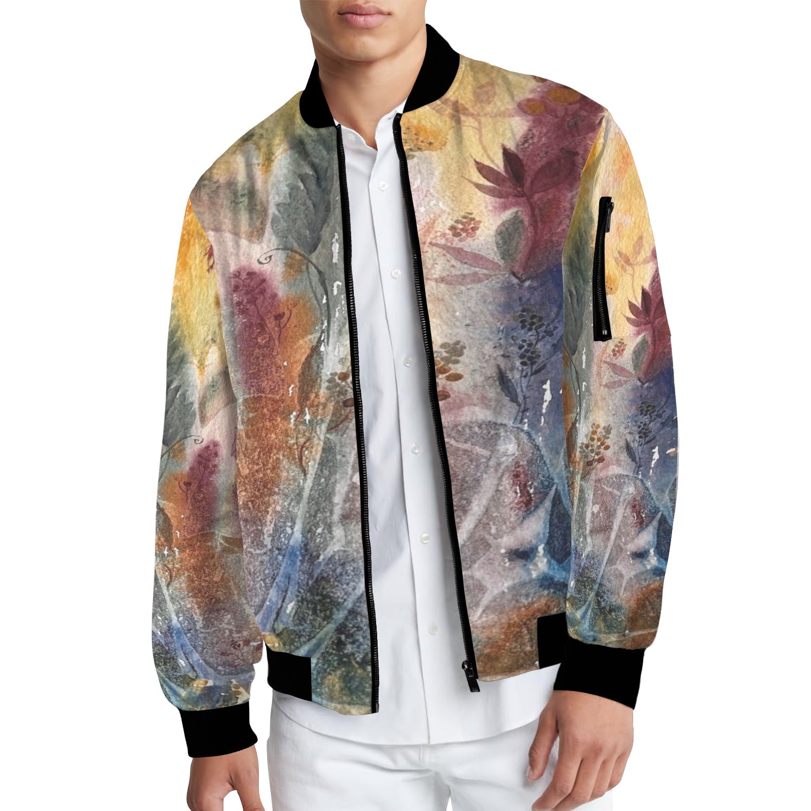 Man wearing Warm Imagination Bomber Jacket with colorful abstract floral design and black ribbed collar, cuffs, and hem