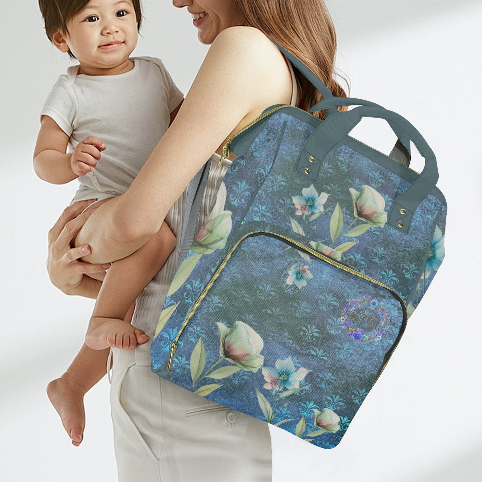 Damascus Blue Flowers Multi - Function Travel Diaper Bag - Large - Lana Art Sweden