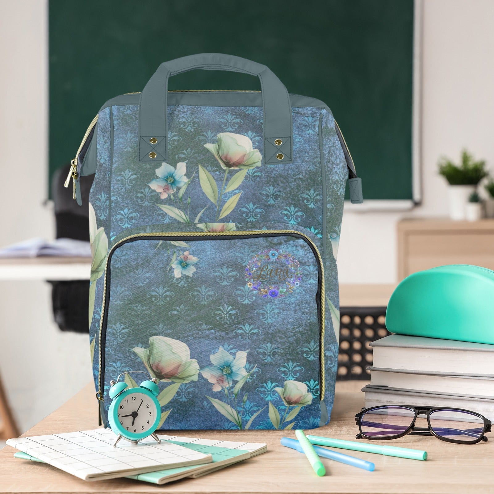 Damascus Blue Flowers Multi - Function Travel Diaper Bag - Large - Lana Art Sweden