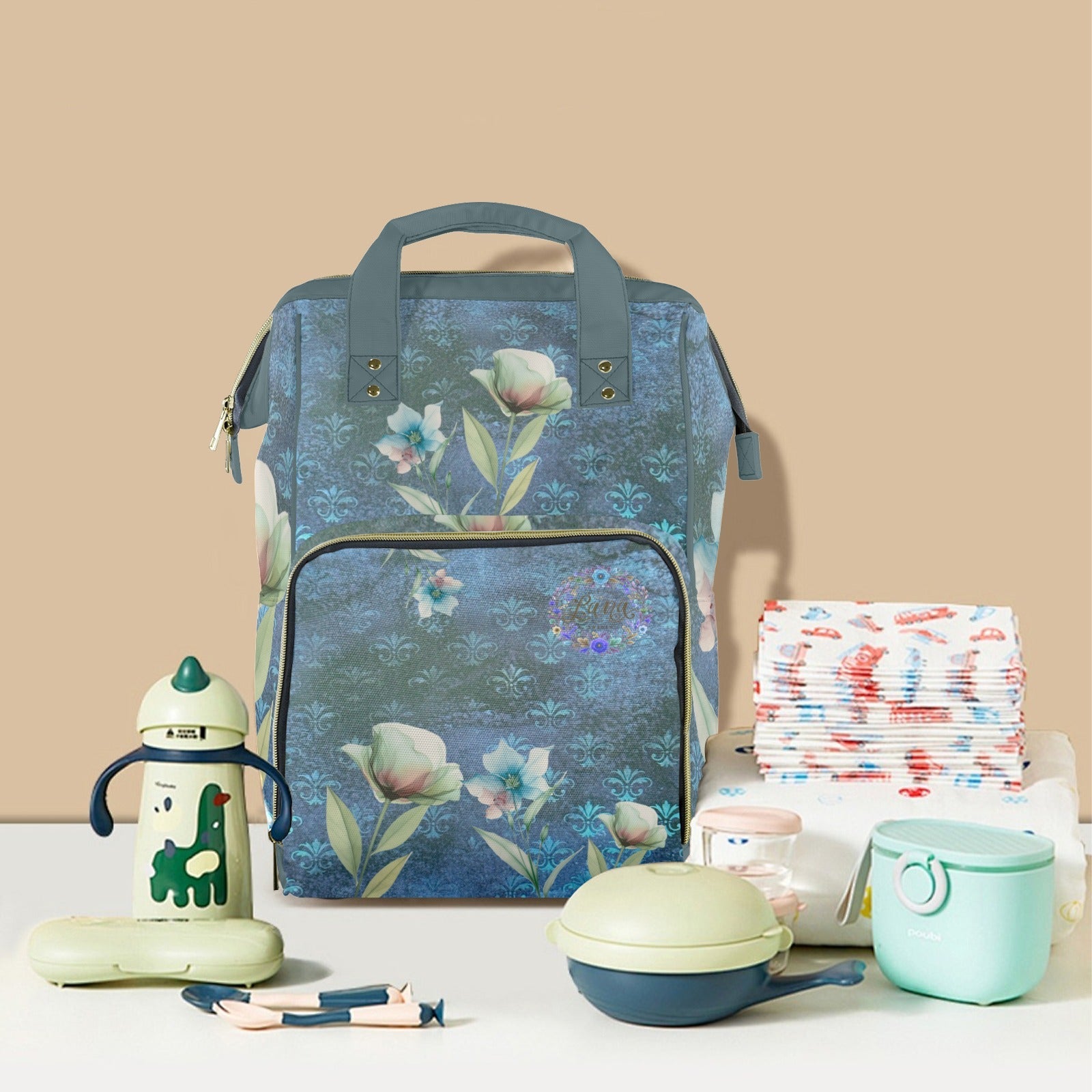 Damascus Blue Flowers Multi - Function Travel Diaper Bag - Large - Lana Art Sweden
