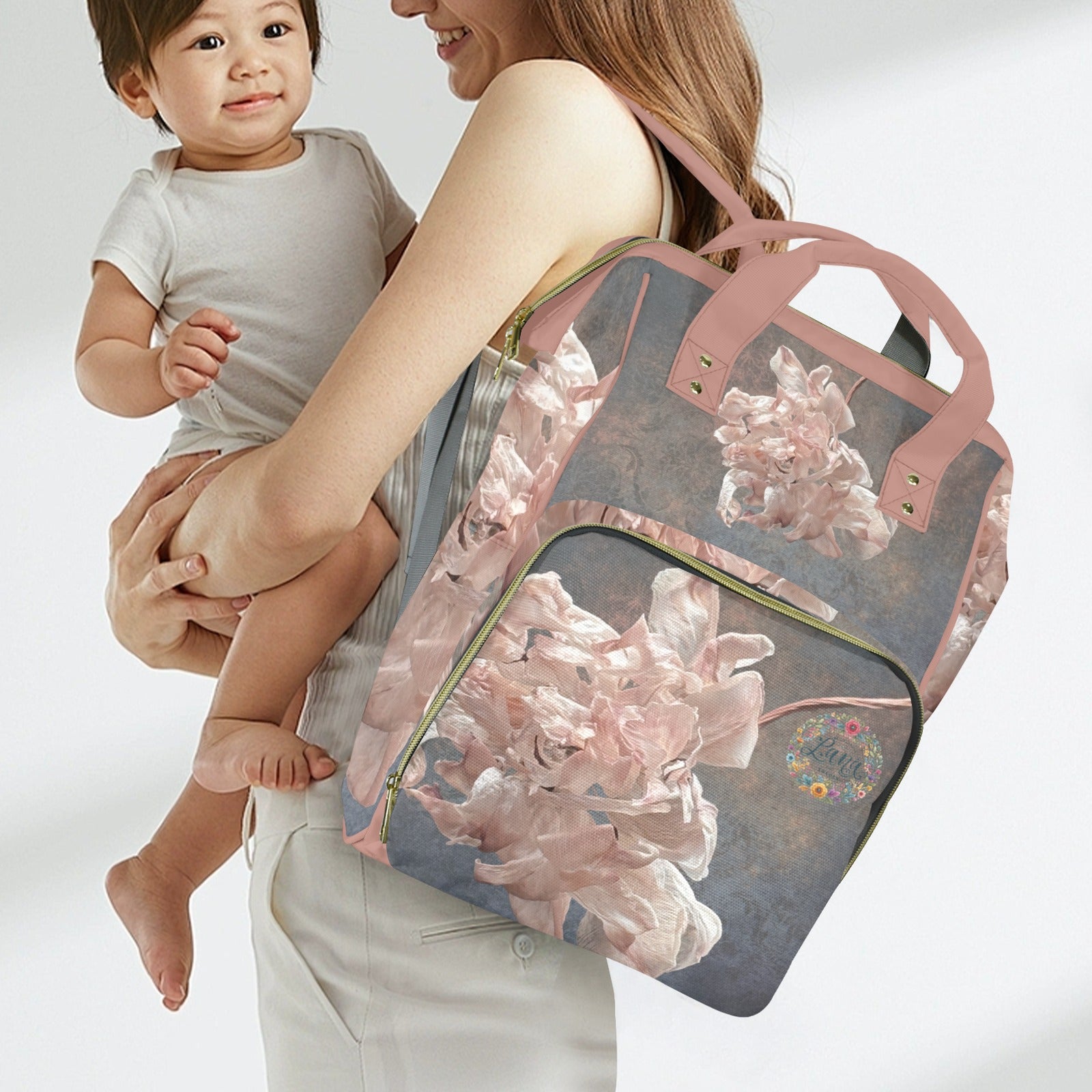 Damaskus Pink Tulip Multi - Function Travel Diaper Bag - Large - Lana Art Sweden