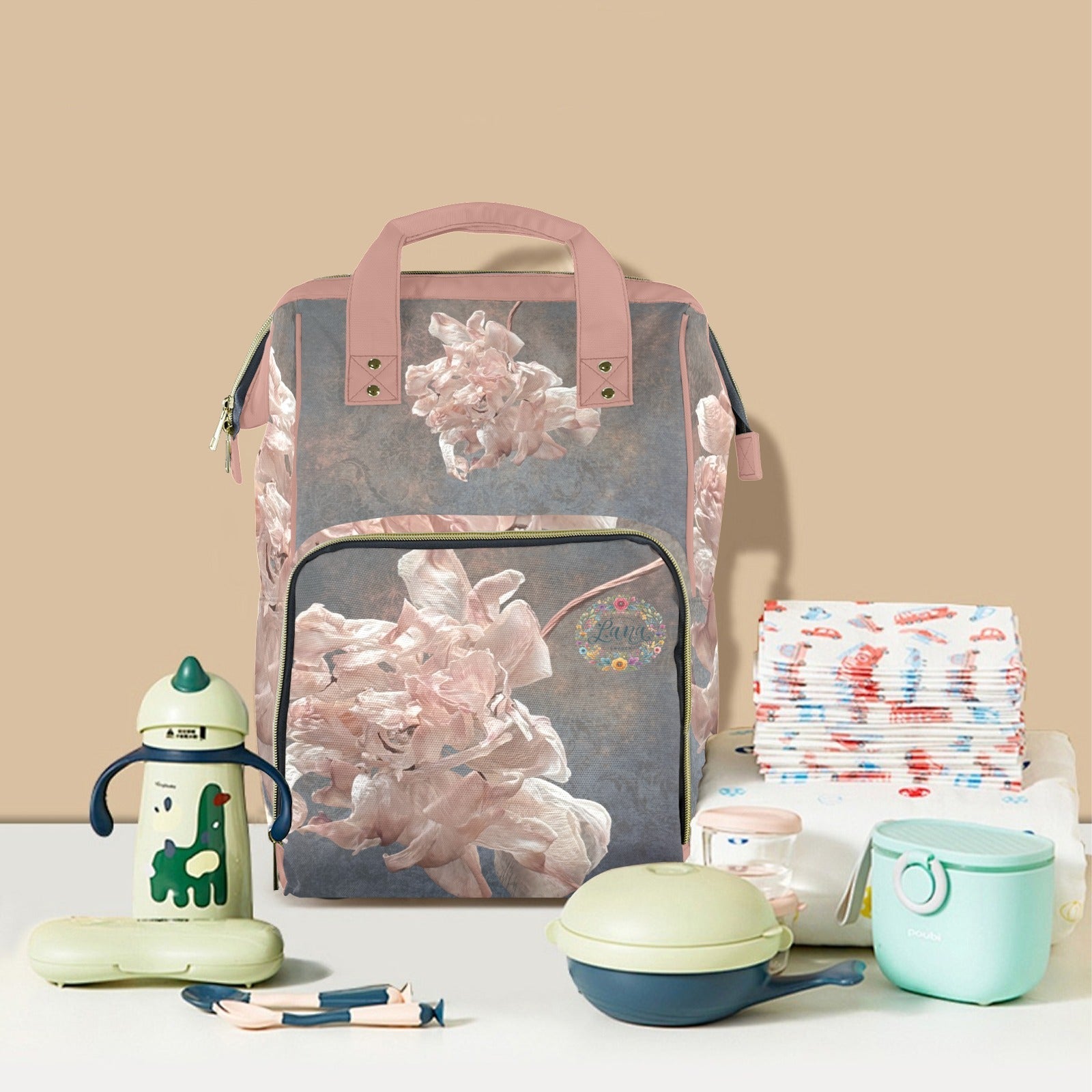 Damaskus Pink Tulip Multi - Function Travel Diaper Bag - Large - Lana Art Sweden