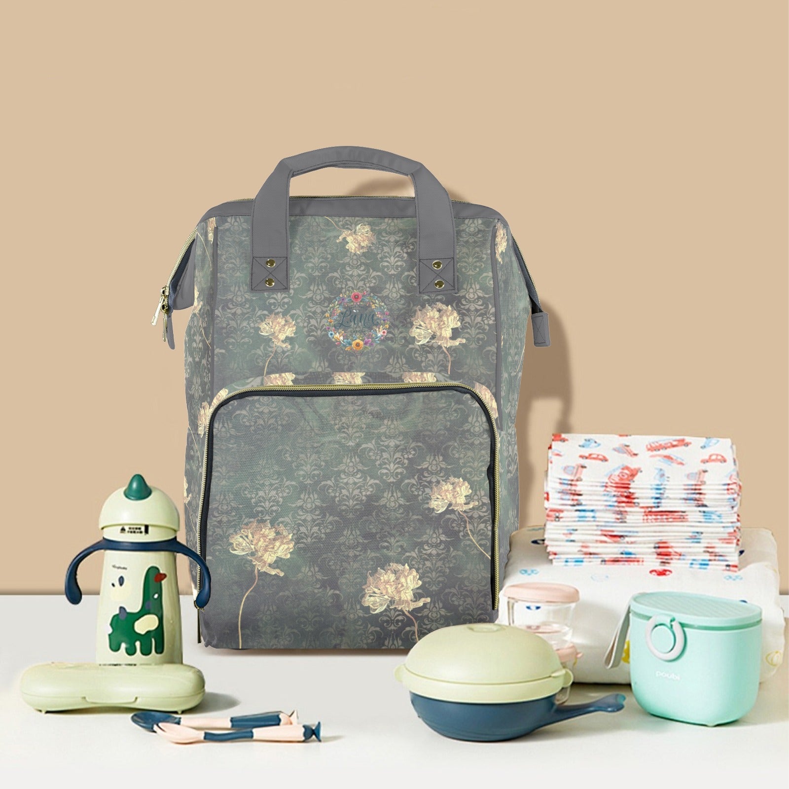 Damaskus Tulip Grey Multi - Function Travel Diaper Bag - Large - Lana Art Sweden