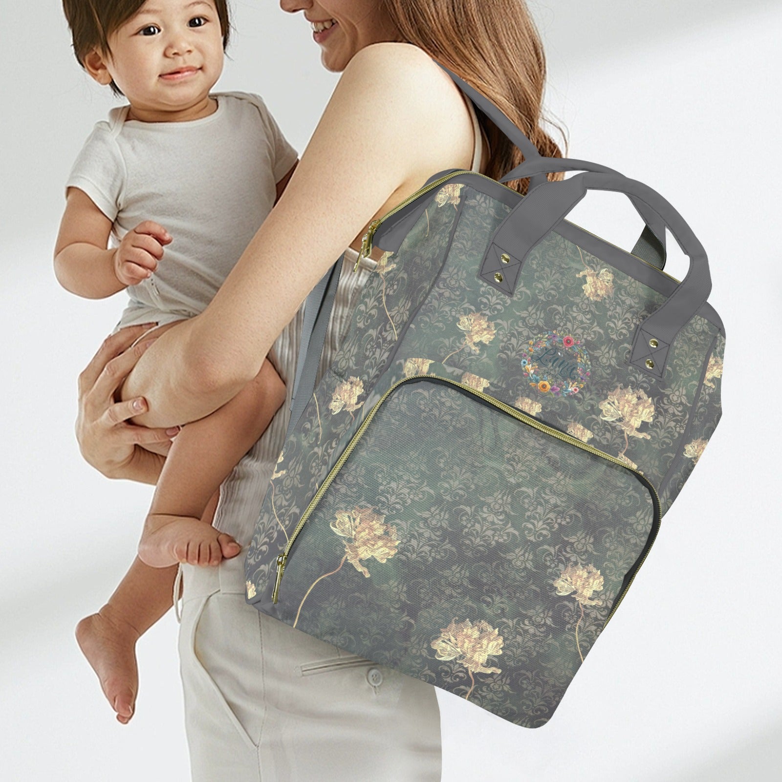 Damaskus Tulip Grey Multi - Function Travel Diaper Bag - Large - Lana Art Sweden