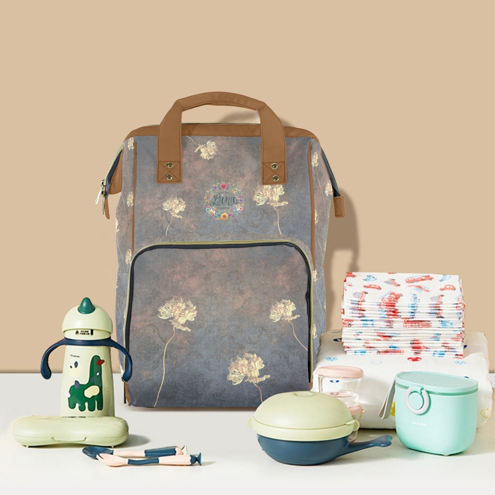 Damaskus Tulip Terracotta Multi - Function Travel Diaper Bag - Large - Lana Art Sweden