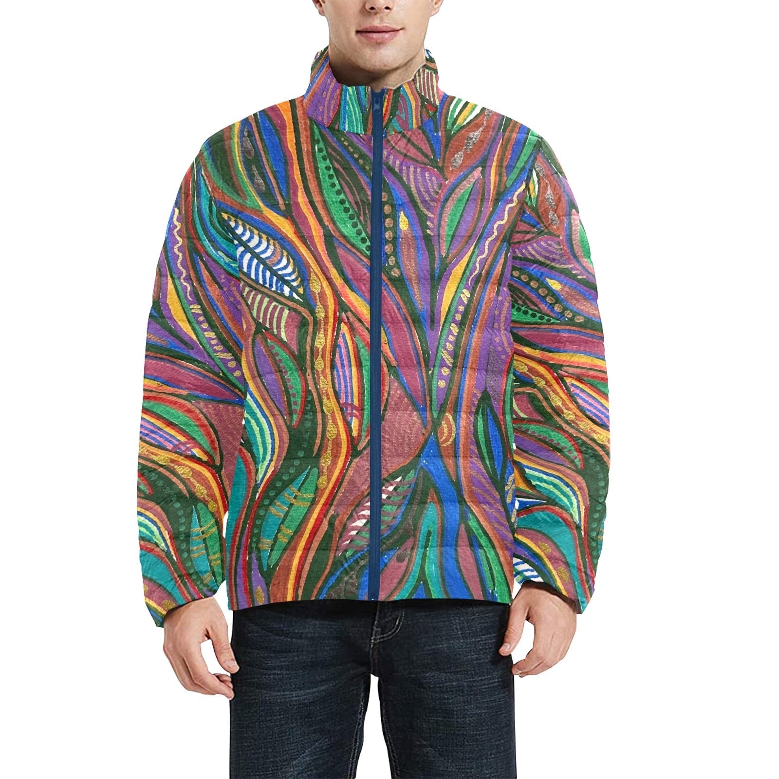 Colorful abstract patterned Lanterna Puffer jacket with stand-up collar and quilted lining.