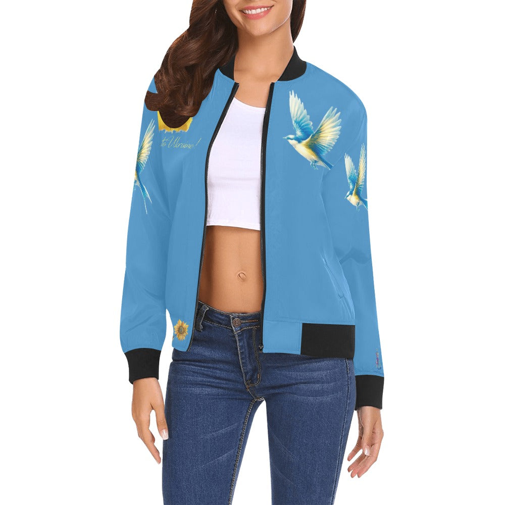 Women’s Pani Bomber Jacket in blue with white bird artwork and black ribbed collar, cuffs, and hem