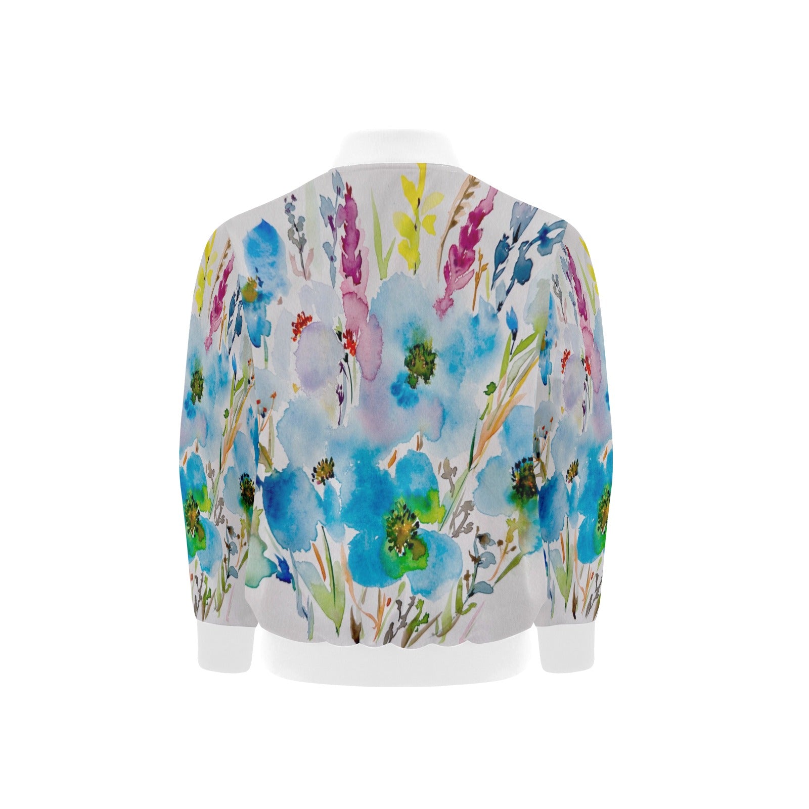 Blue Hibiscus White Collar Kids' Bomber Jacket with Pockets (Model H40)