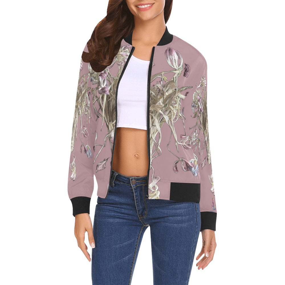 Women’s powder pink Tulip Drama bomber jacket with floral artwork and black ribbed collar, cuffs, and hem