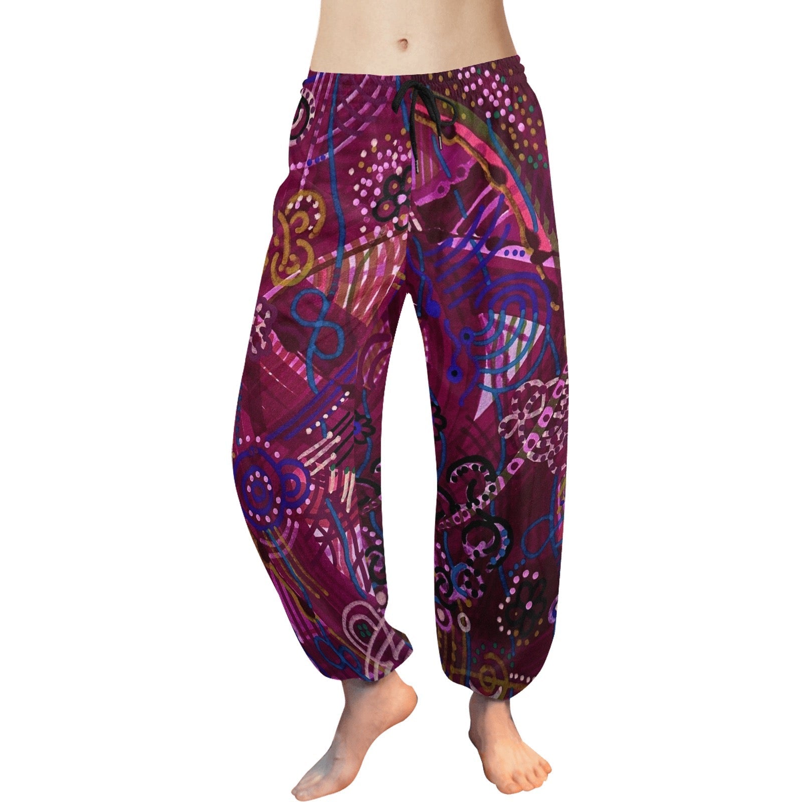 Purple Lava Pants lightweight chiffon drawstring harem pants with vibrant abstract pattern and elastic ankle cuffs