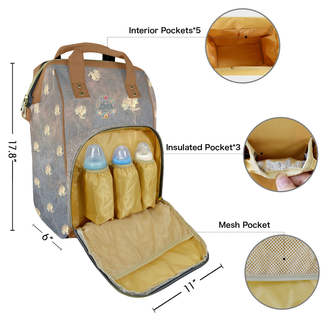 Damaskus Tulip Terracotta Multi-Function Travel Diaper Bag-Large