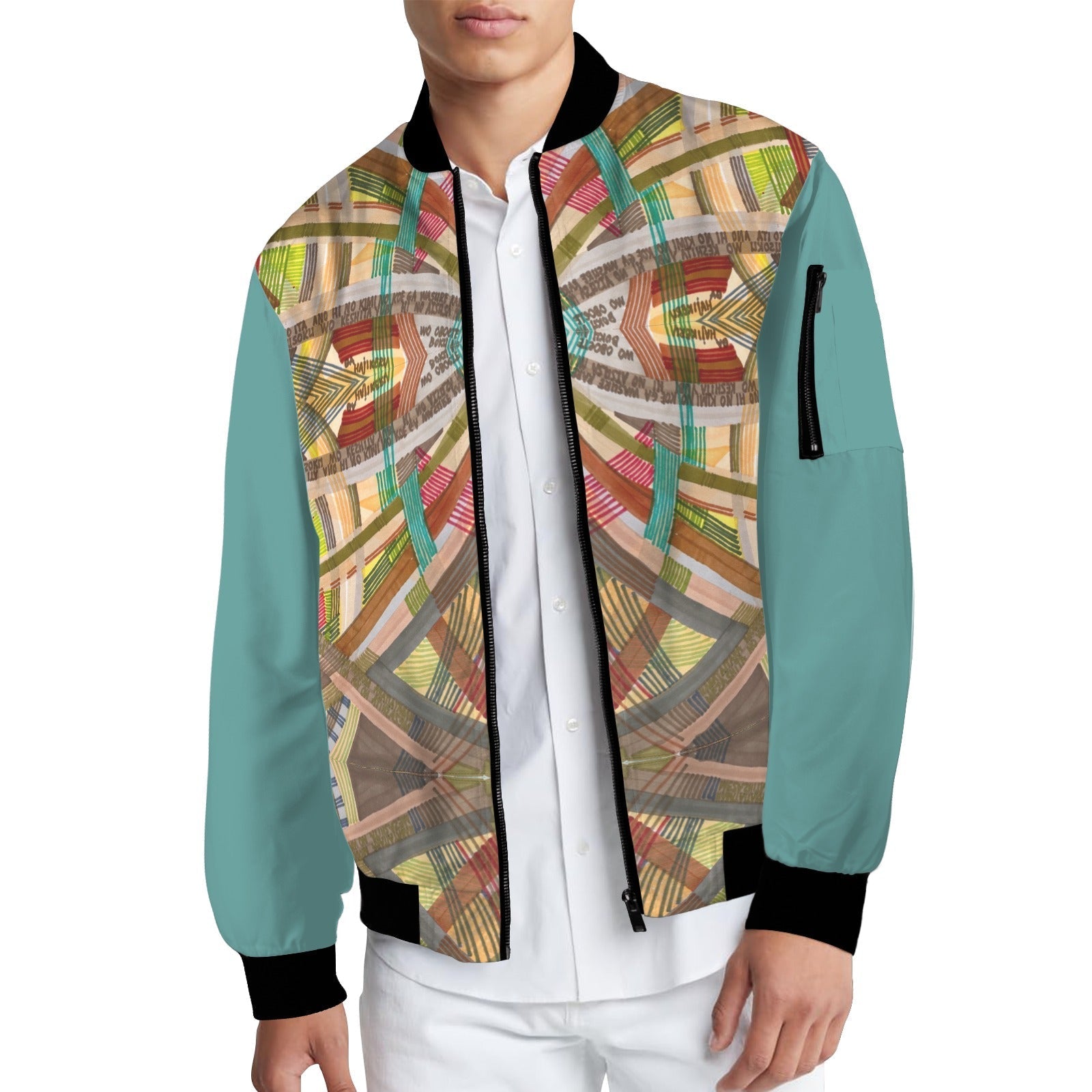 Brown labyrinth patterned bomber jacket with teal sleeves and black ribbed collar, cuffs, and hem.