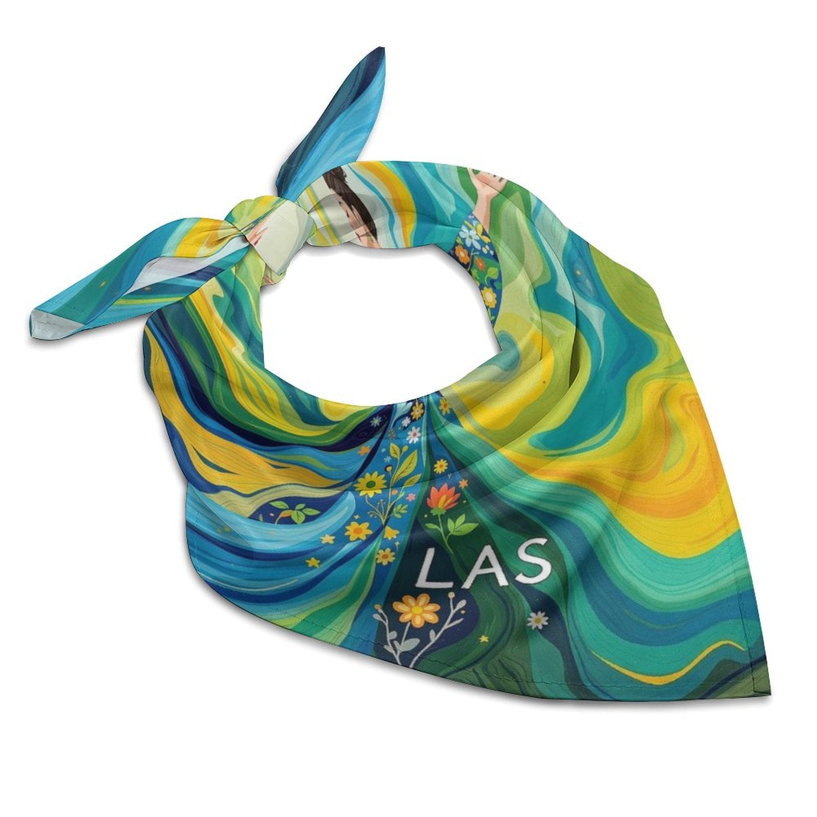 Colorful lightweight scarf kerchief with artistic floral and wave patterns for versatile styling