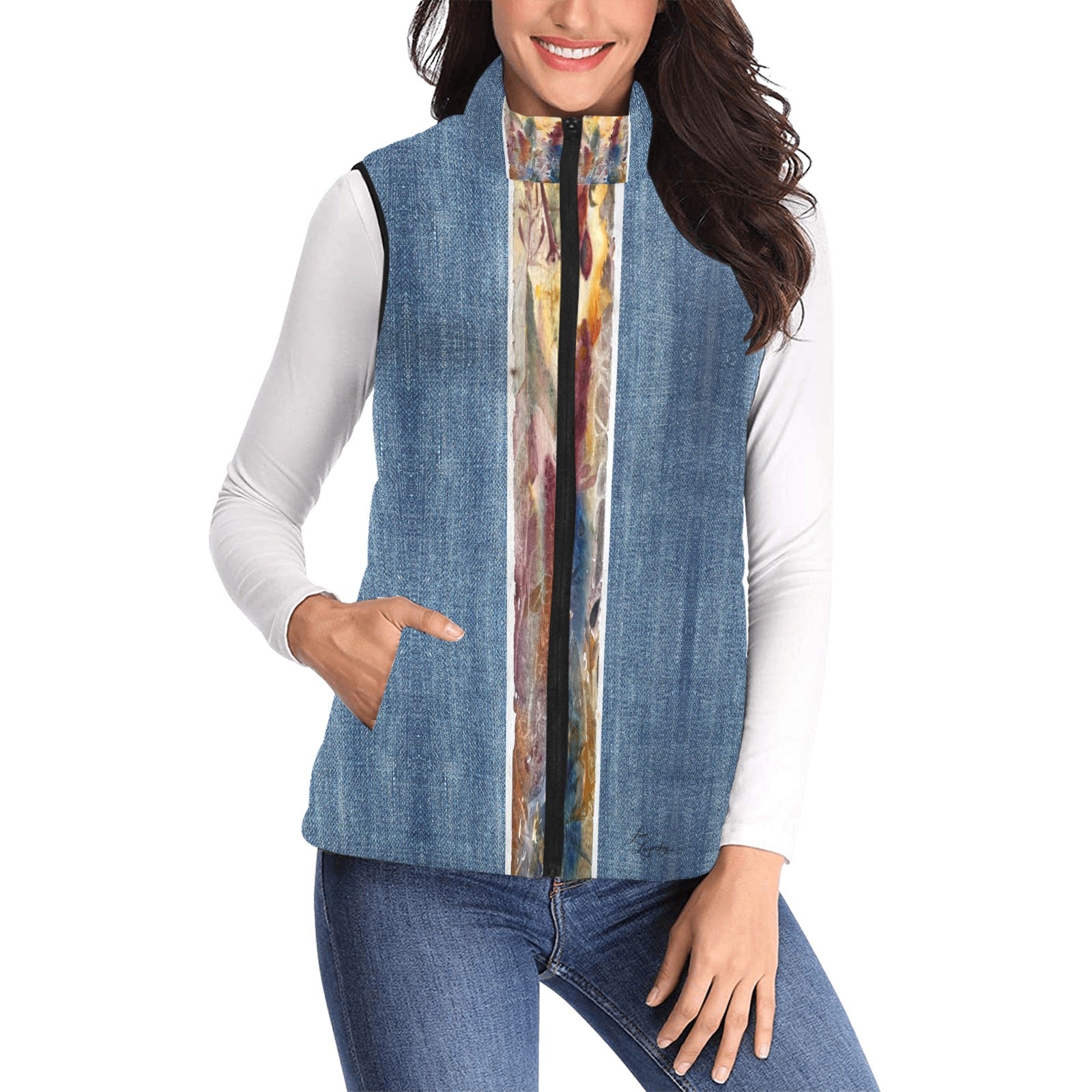 Denim Brown Abstract Women's Padded Vest - Lana Art Sweden