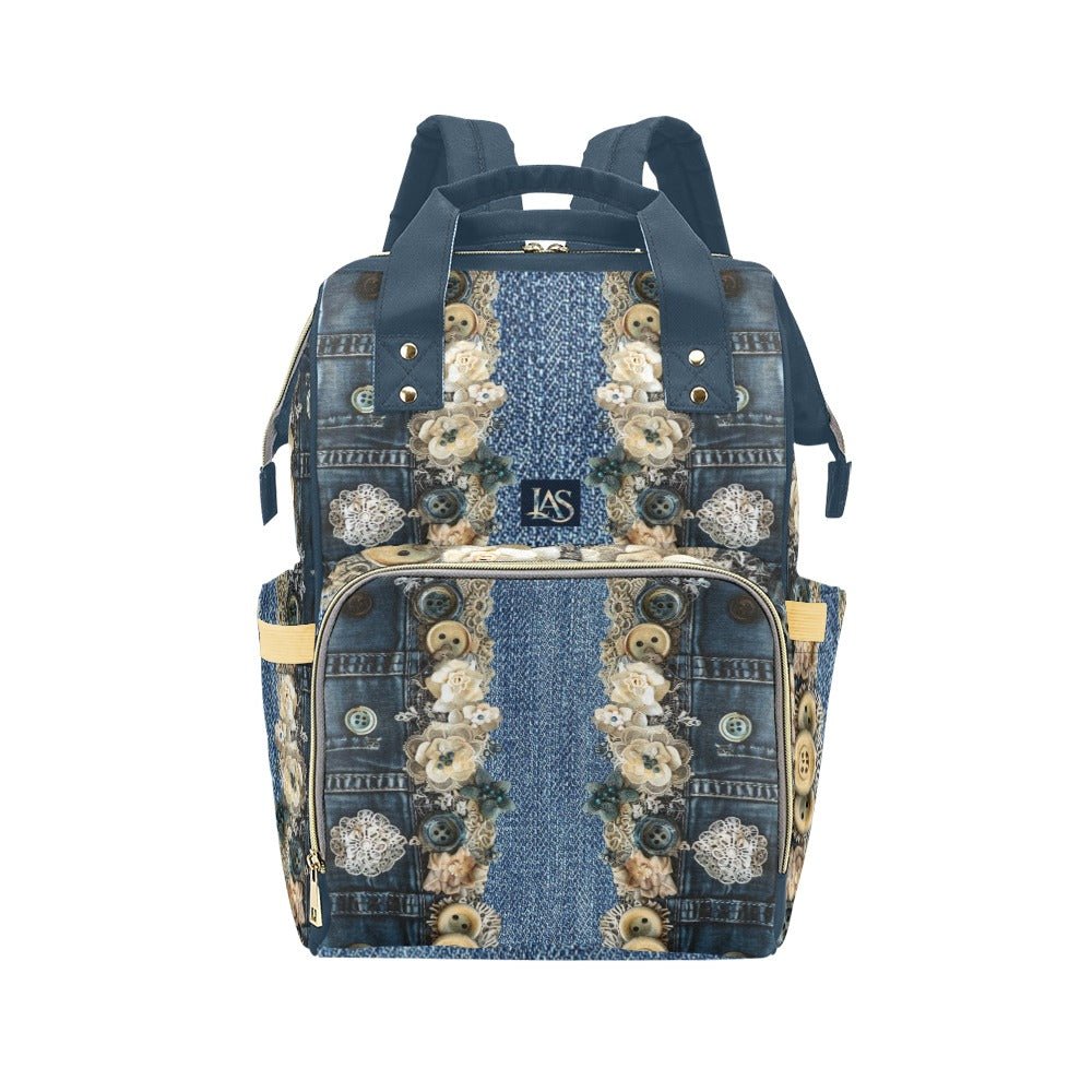 Denim Lace Ocean Multi - Function Diaper Backpack/Diaper Bag - Lana Art Sweden