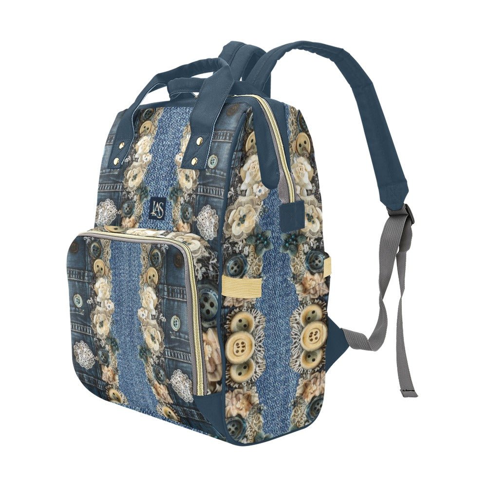 Denim Lace Ocean Multi - Function Diaper Backpack/Diaper Bag - Lana Art Sweden