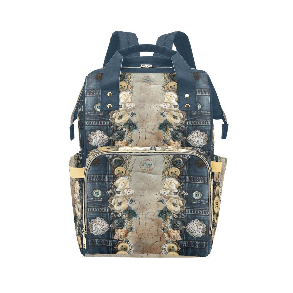 Denim Lace Tuscany Multi - Function Diaper Backpack/Diaper Bag - Lana Art Sweden
