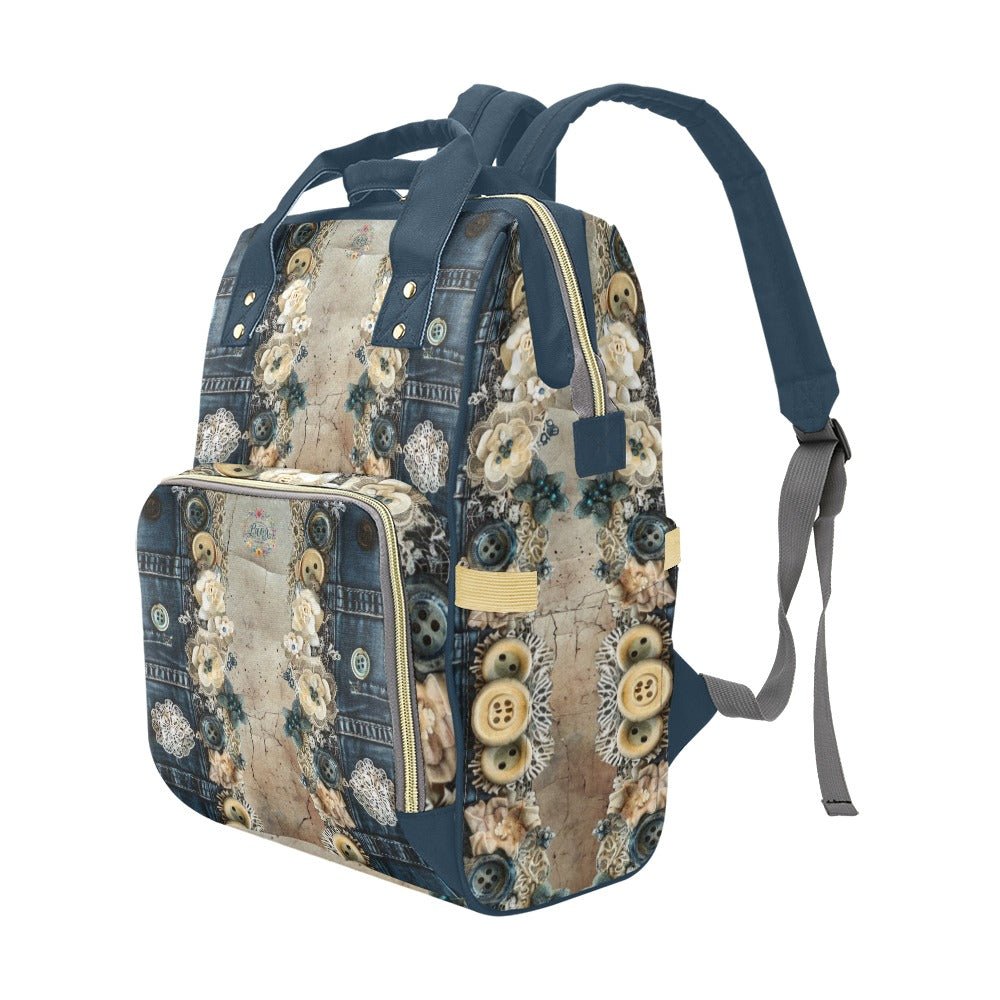 Denim Lace Tuscany Multi - Function Diaper Backpack/Diaper Bag - Lana Art Sweden