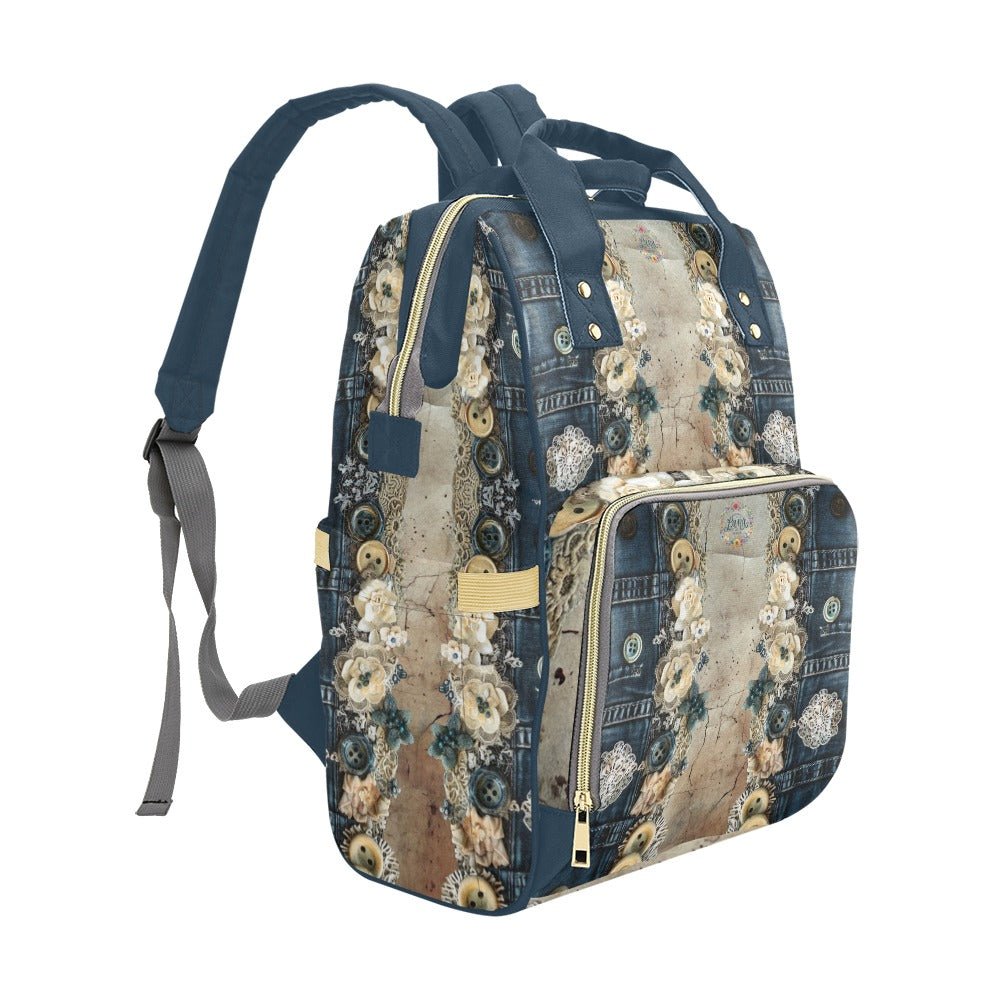 Denim Lace Tuscany Multi - Function Diaper Backpack/Diaper Bag - Lana Art Sweden