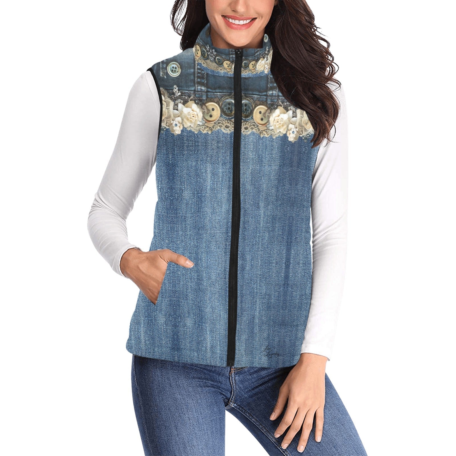 Denim Lace Women's Padded Vest - Lana Art Sweden