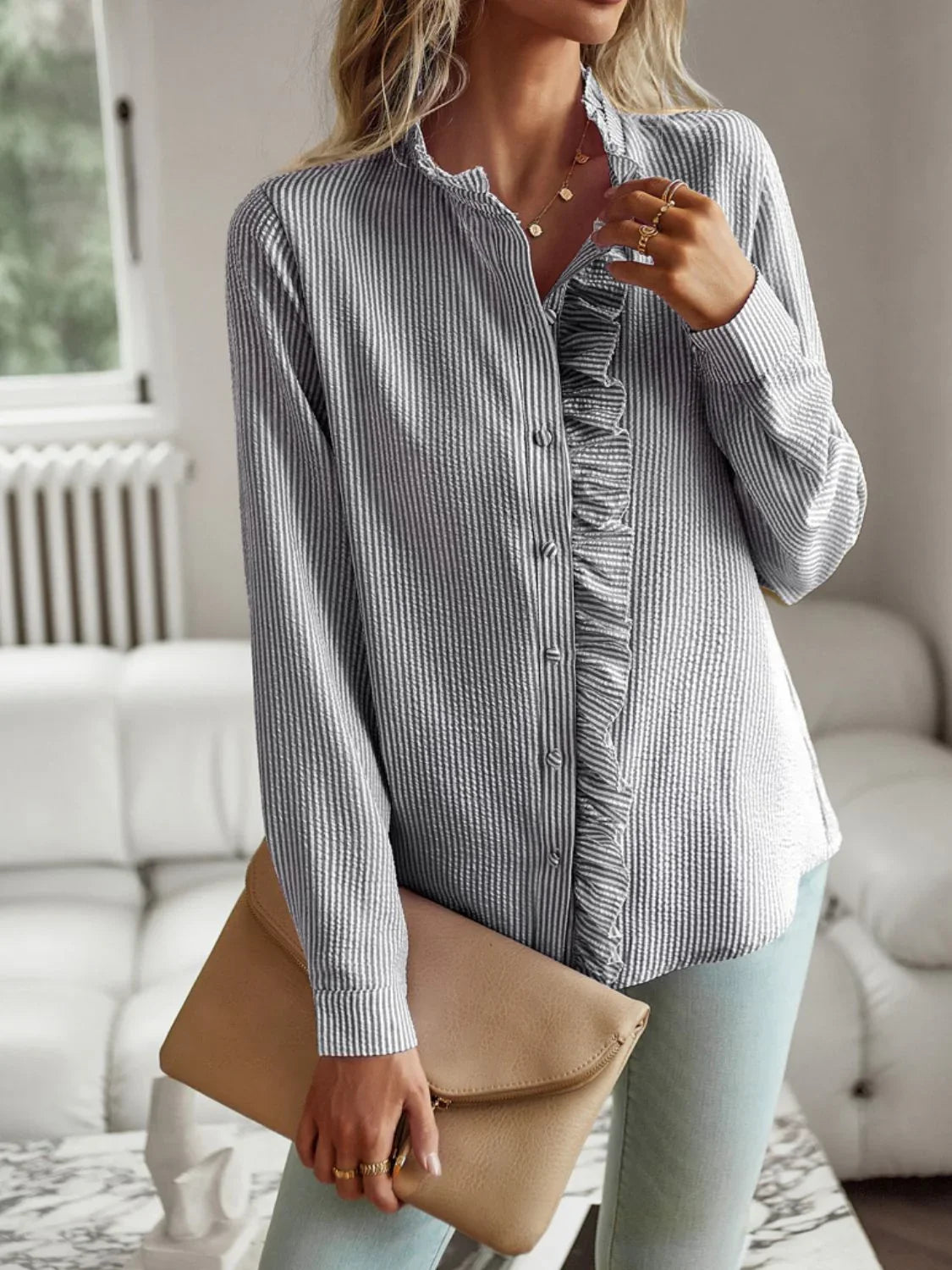 Devine Ruffle Trim Long Sleeve Shirt - Lana Art Sweden