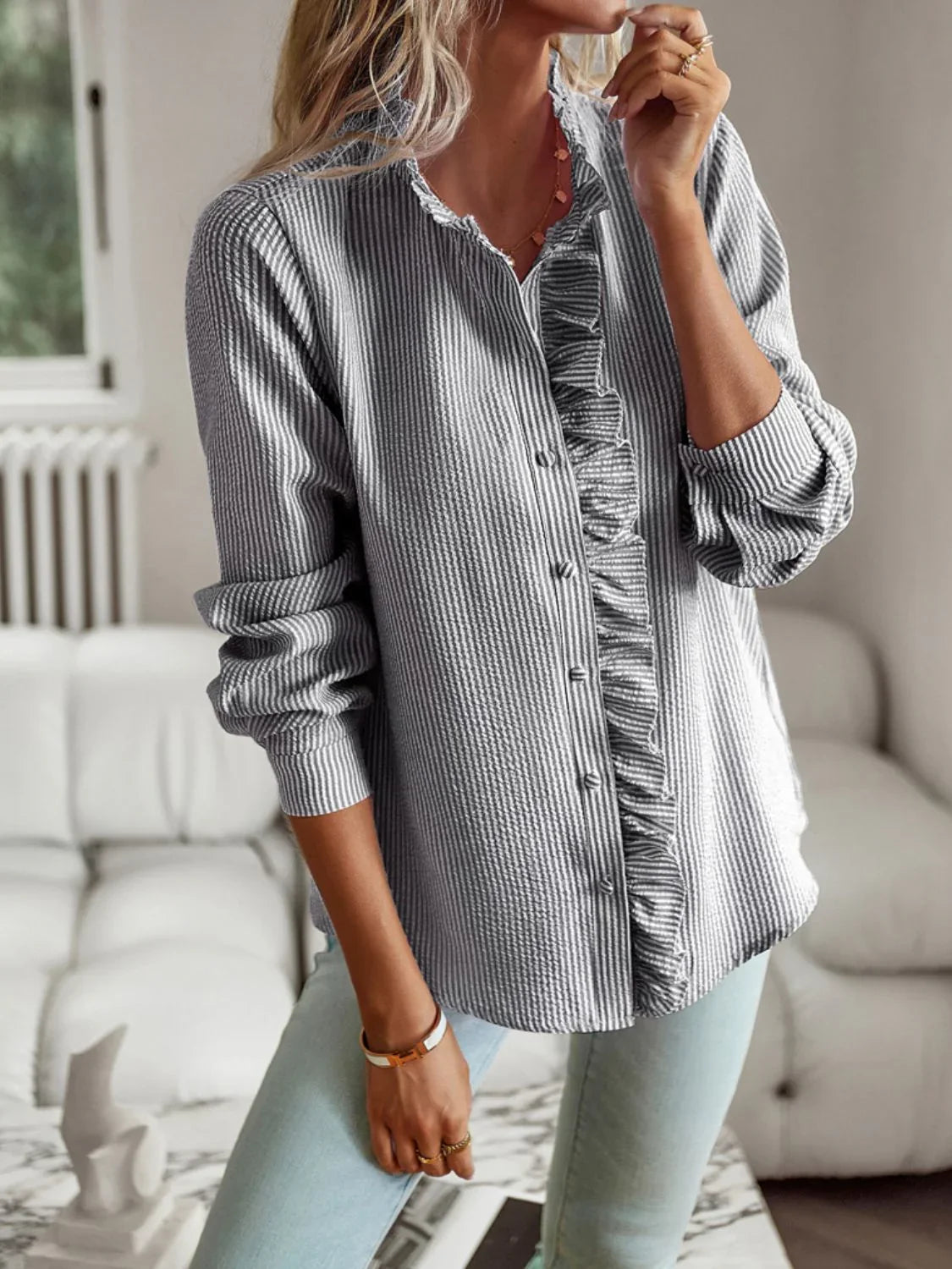Devine Ruffle Trim Long Sleeve Shirt - Lana Art Sweden