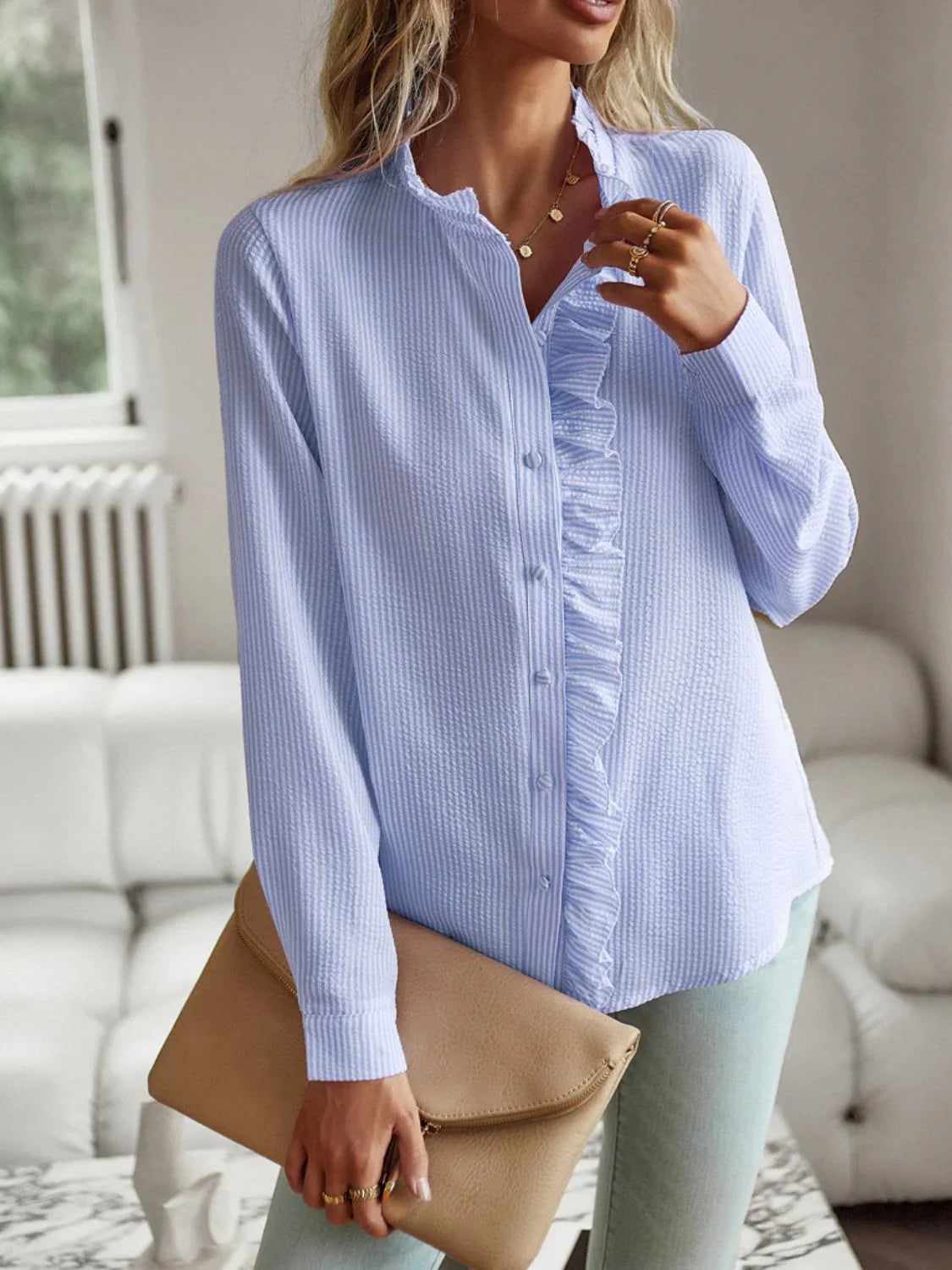 Devine Ruffle Trim Long Sleeve Shirt - Lana Art Sweden