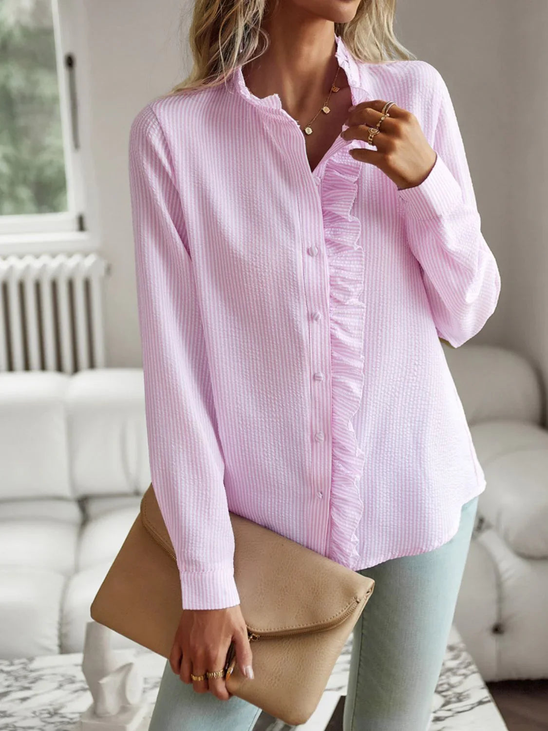 Devine Ruffle Trim Long Sleeve Shirt - Lana Art Sweden