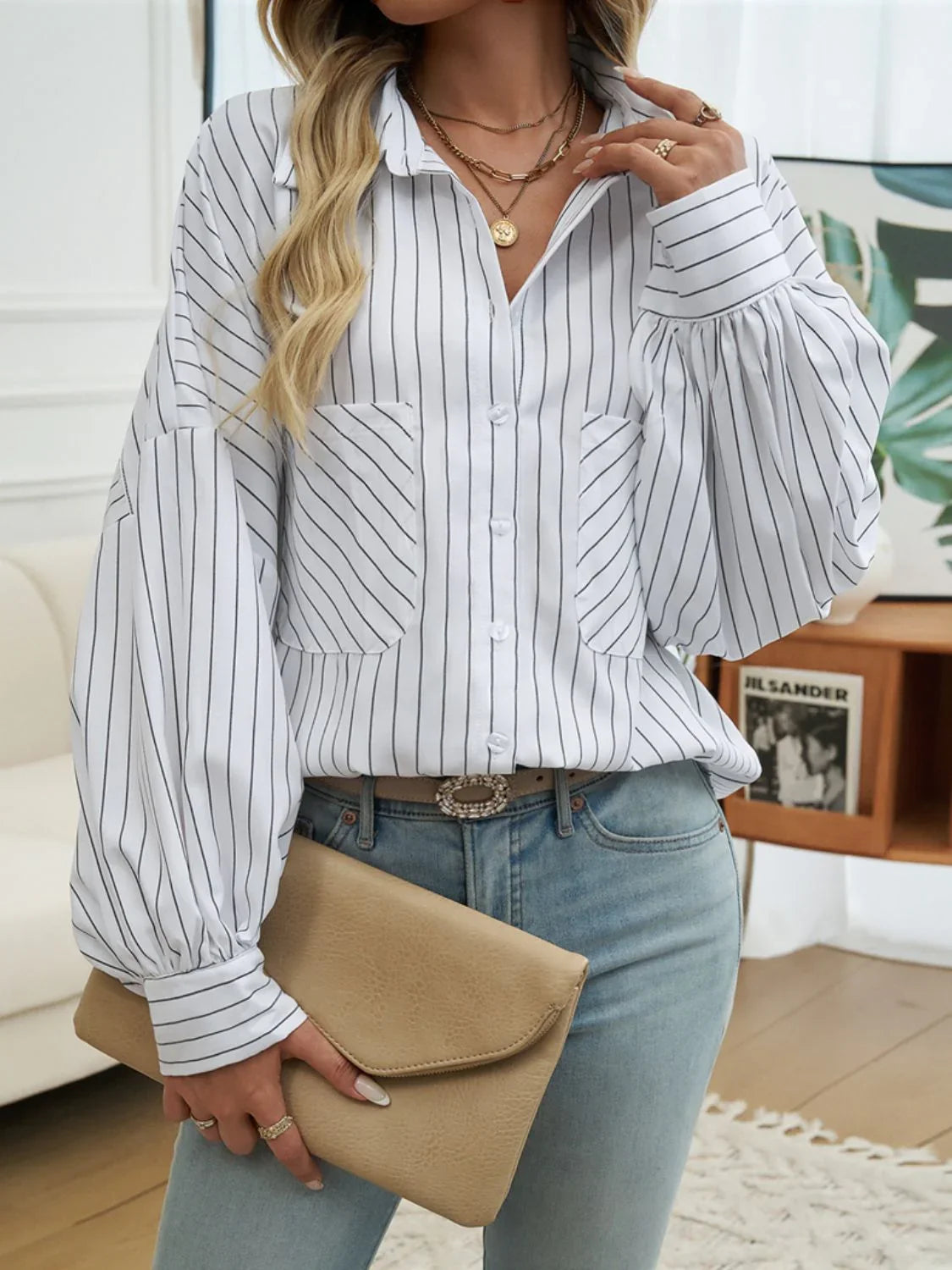 Devine Striped Collared Neck Long Sleeve Shirt - Lana Art Sweden