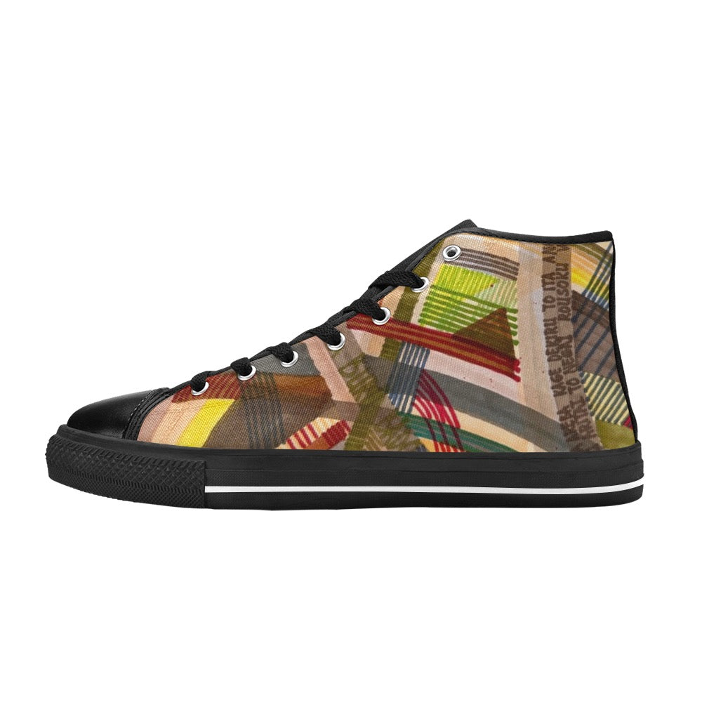 Narutology lines black men’s high top canvas sneaker with colorful abstract design and black sole