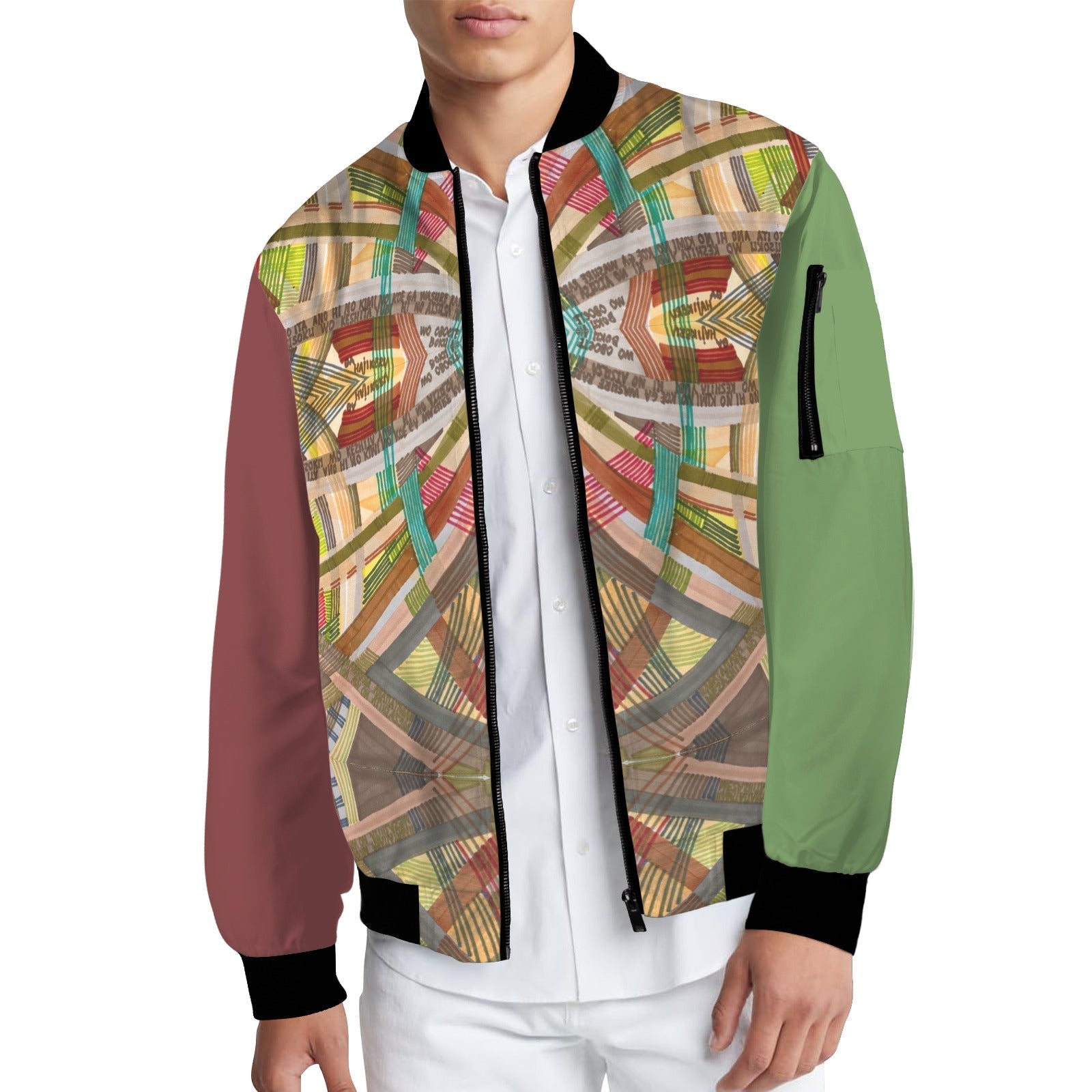 Man wearing a Labyrinth Burgundy Green Bomber Jacket with multicolor geometric pattern, burgundy left sleeve, and green right sleeve.