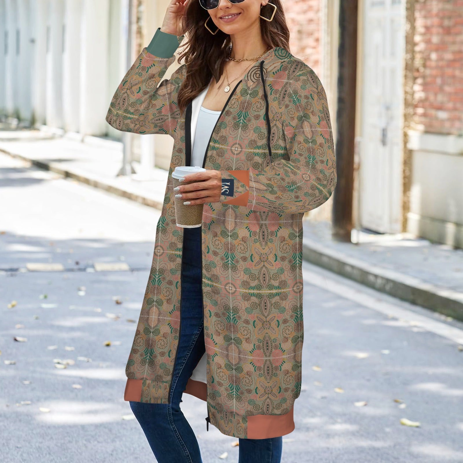 Venetian Blossom Burnt Orange Women's Long Hooded Jacket