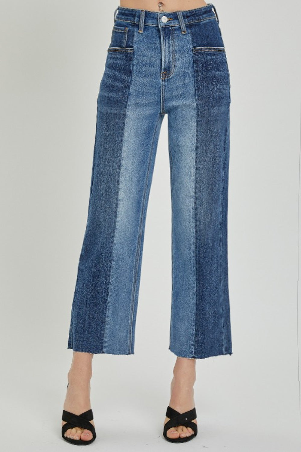 RISEN Full Size mid-rise two-tone denim jeans with pockets and slight stretch in a stylish straight-leg cut
