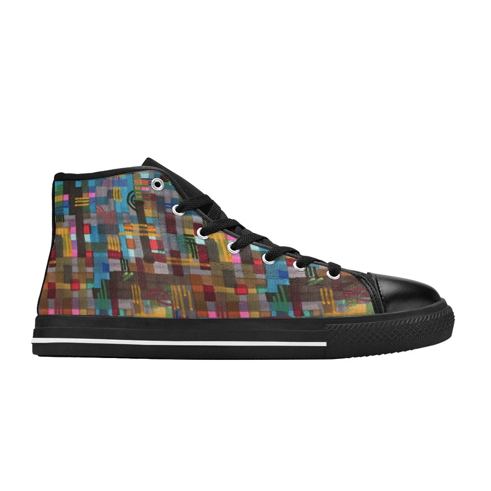 Fall Checkers Black High Top Canvas Shoes for Kids featuring a checkered design, lace-up closure, and durable rubber outsole.