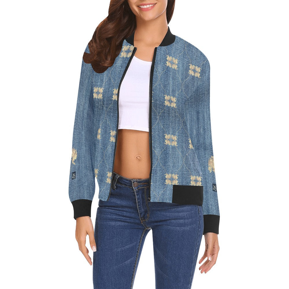 women's denim city bomber jacket with floral patterns and black ribbed collar cuffs and hem