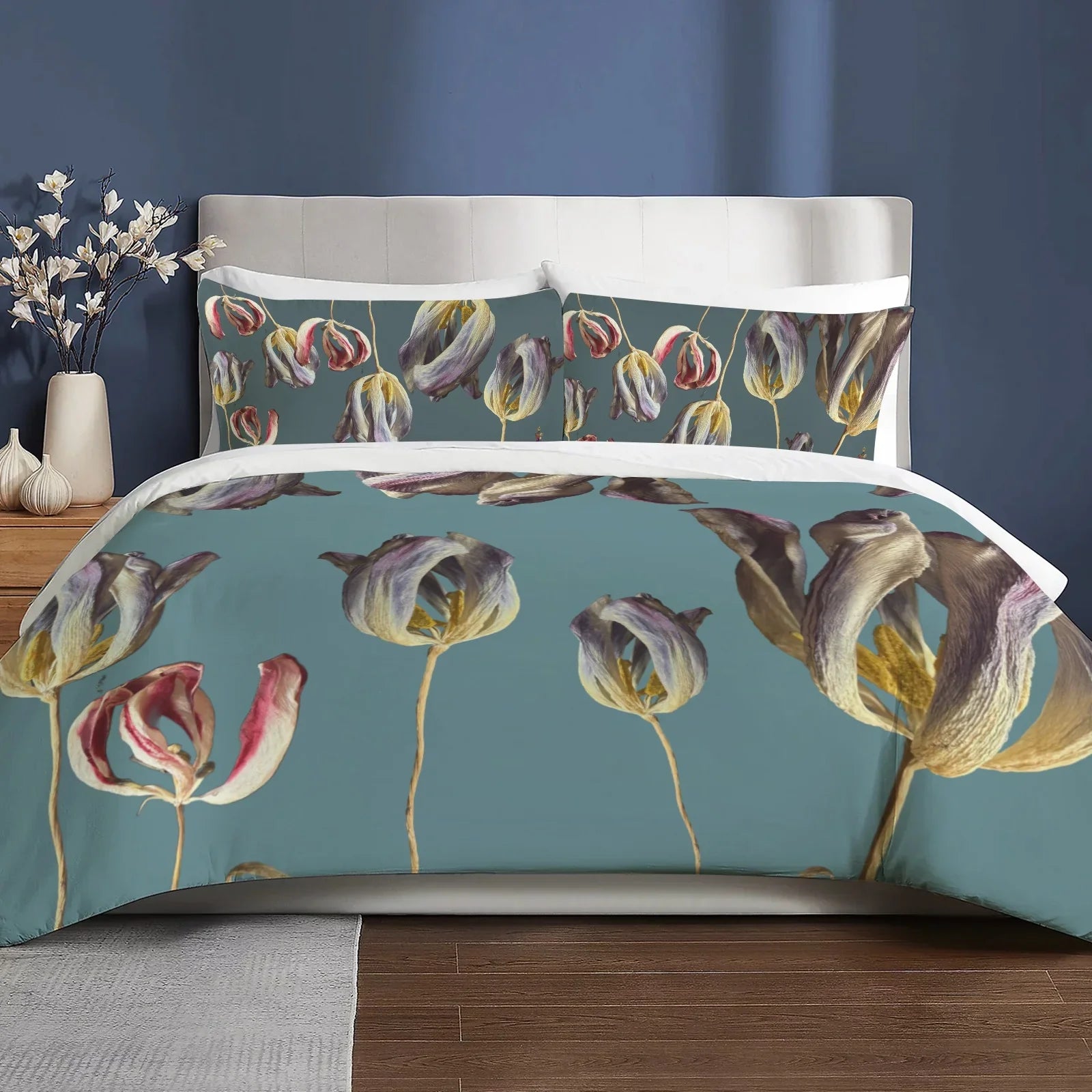 Tulip Field Teal 3-Piece Bedding Set 94x104inch